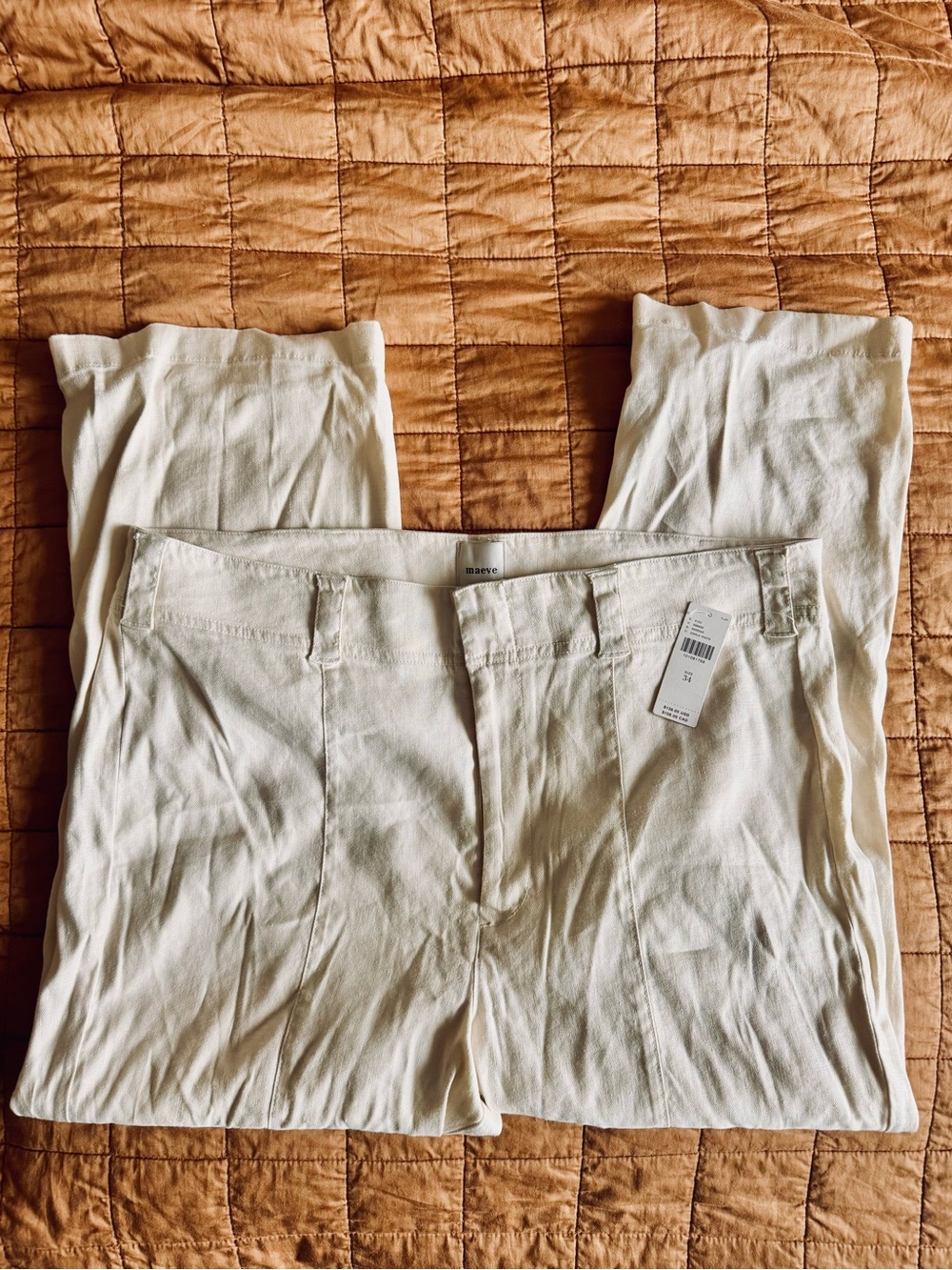NWT Women Anthropologie Maeve Cream Ivory High Waist Cropped Linen Pants